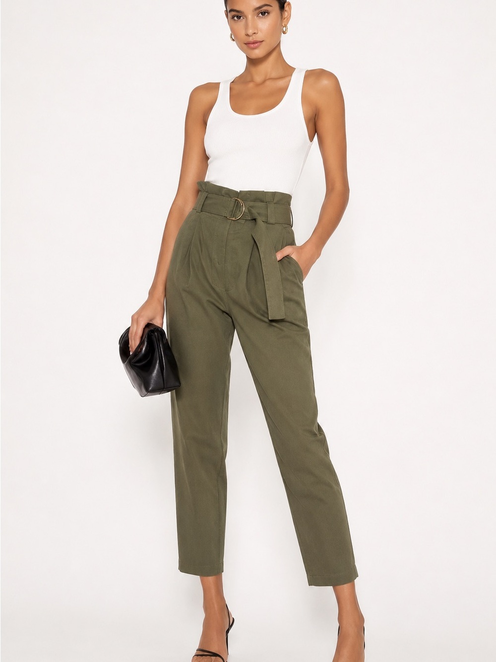 ALC Diego Pant High-Waist Paperbag Belted Pants - Olive Sz 8